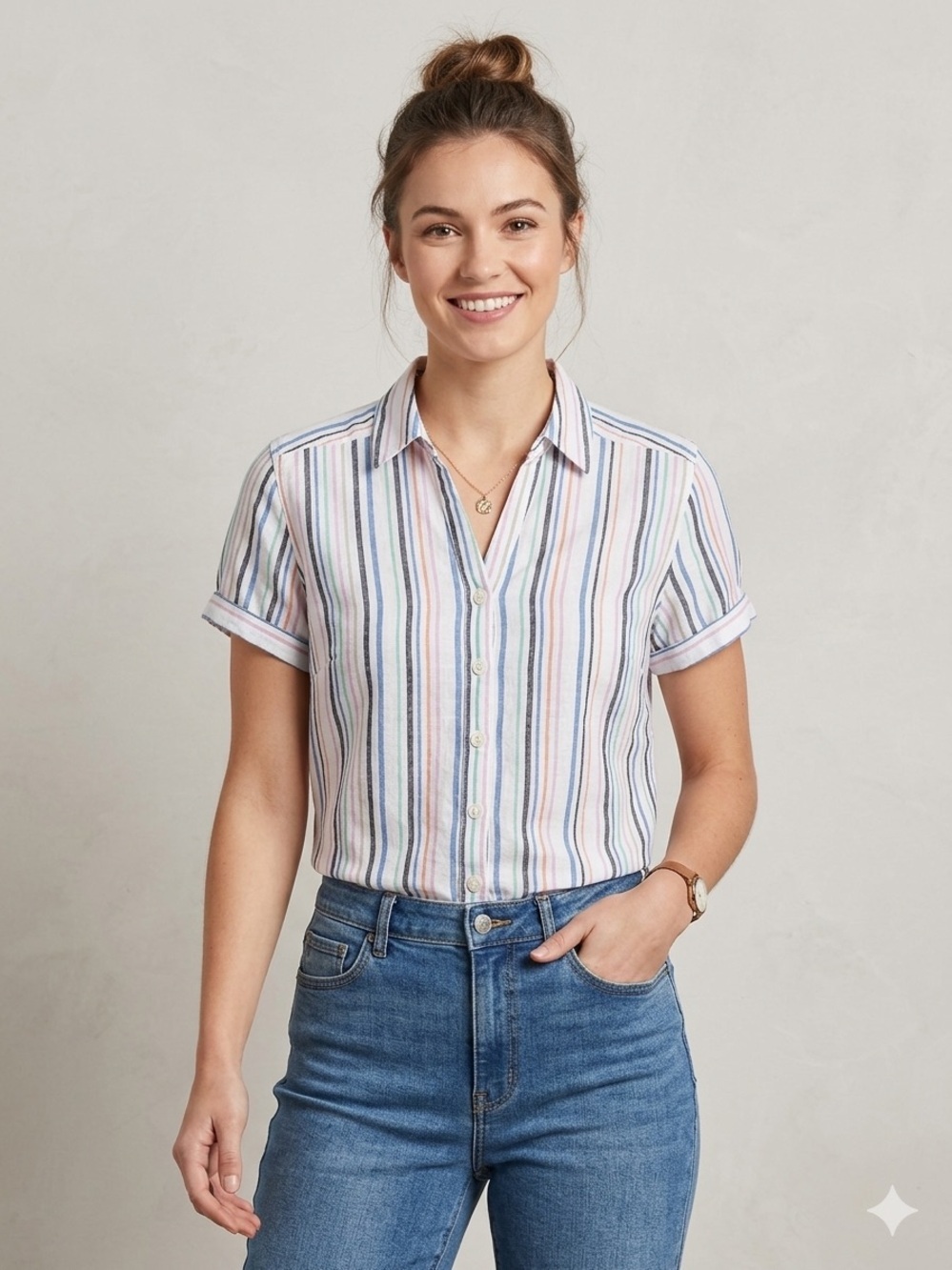 Northern Reflections Multicolor Stripe Button-Front Women's Cotton Shirt Small​